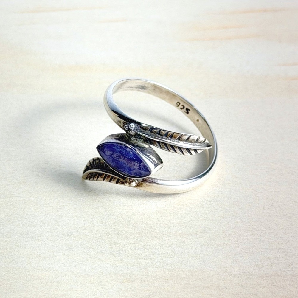 Boho Vintage Blueish Purple Lapis Lazuli 925 Silver Feather Bypass Ring Size 9 - Picture 4 of 7
